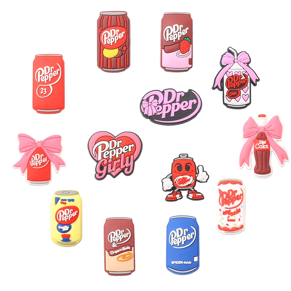 13/50pcs Dr Pepper Shoe Charm Drinks Designer for Shoe Accessories Dreations for Sandals Sneaker Classic Clog Kids X-mas Gifts