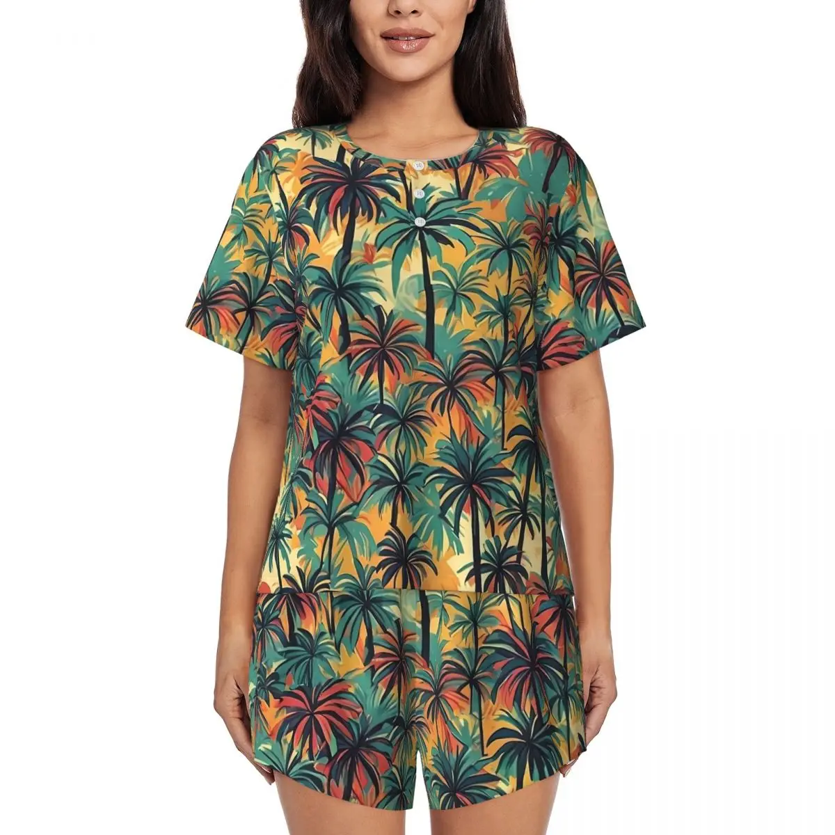 Colorful Palm Trees Print Pajamas Casual O Neck Home Suit Lady 2 Pieces Printed Short Sleeves Trendy Pajama Sets