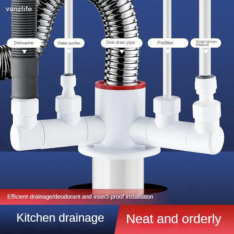 

New Kitchen Downcomer Three-Way Drain Pipe Deodorant Water Purifier Dishwasher Four-Way Sink Basin Integrated Drainer