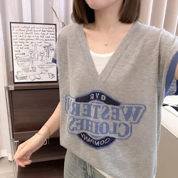 Stylish V-neck Fake Two-piece Letter Jacquard Short Sleeved Knitted Sweater T-shirt for Women's Summer New Loose Korean Thin Top