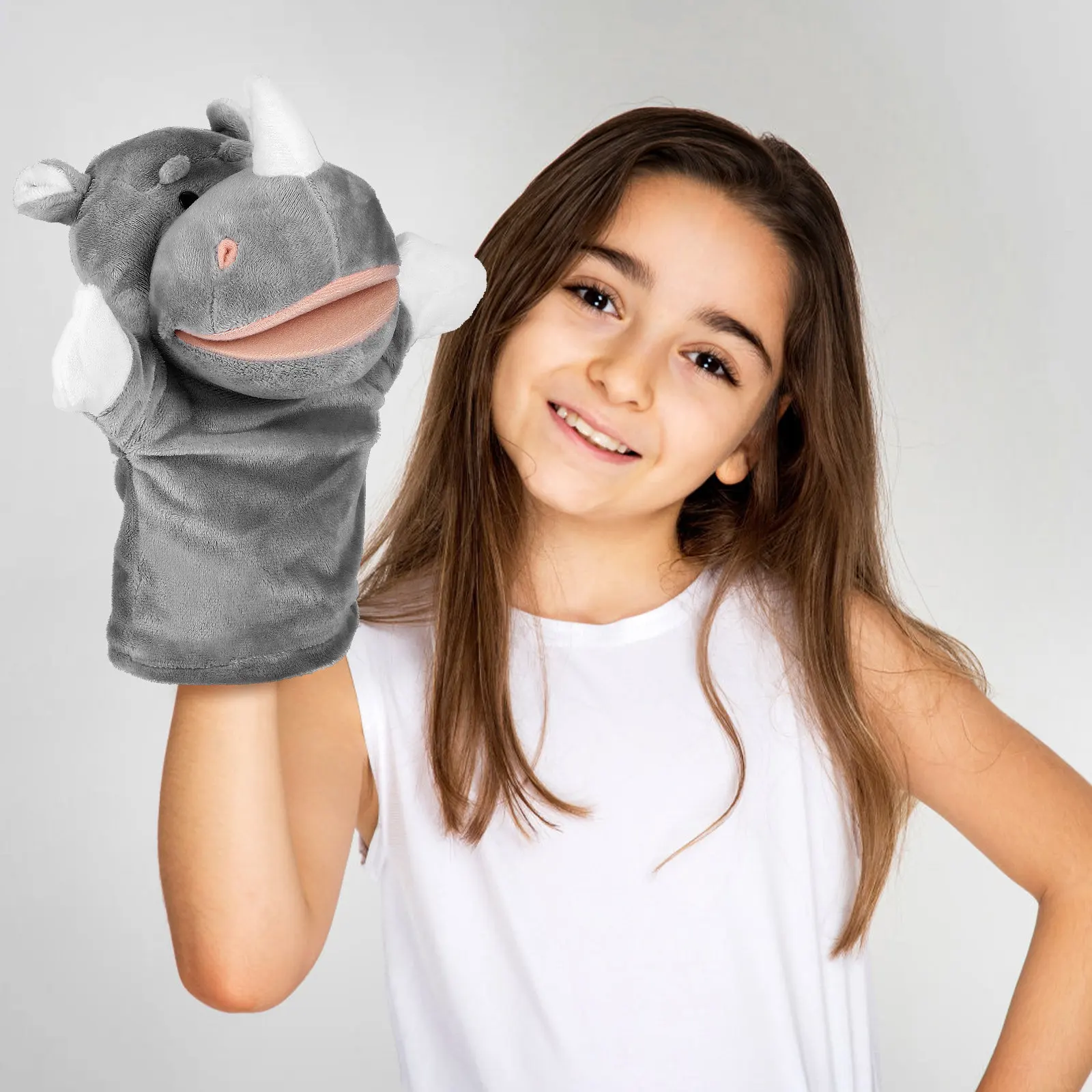 

Cute Lifelike Rhino Hand Puppet Portable Size for Classroom Story Time Role Playing Early Learning Stuffed Animal Hand Puppet