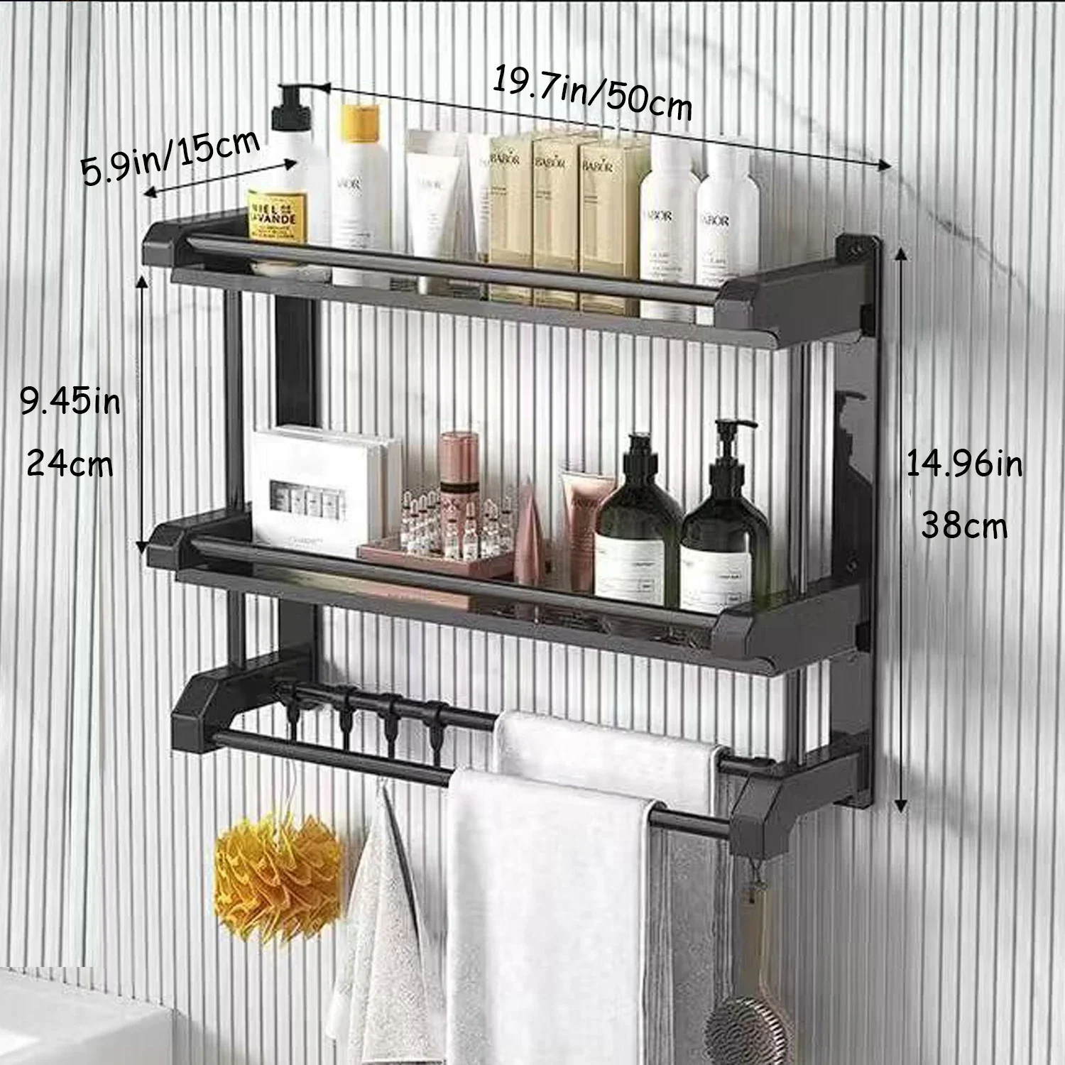 Bathroom Organizer and Storage,2 Layers Bathroom Shelves with Hooks,Bathroom Towel Bar Shelf,Wall Mounted Storage Shelf (Black)