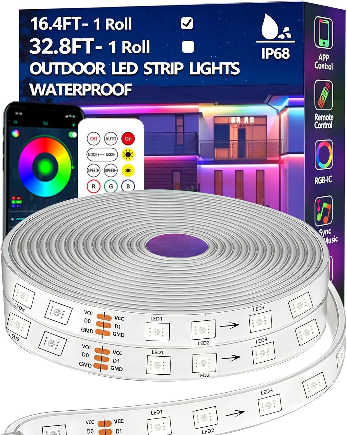 IP68 Waterproof RGB+IC Outdoor LED Strip Light, Chase Mode, Music Sync, App & Remote Control, Suitable for Garden, Balcony, Deck, Rooftop, Pool