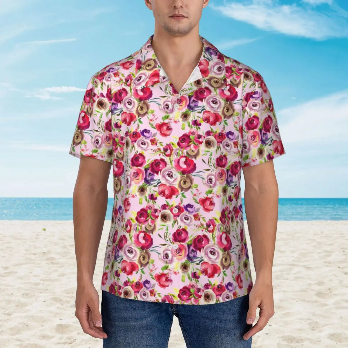 

Hawaiian Shirt Vacation Pretty Rose Blouses Watercolor Floral Vintage Casual Shirts Man Short-Sleeved Breathable Clothing