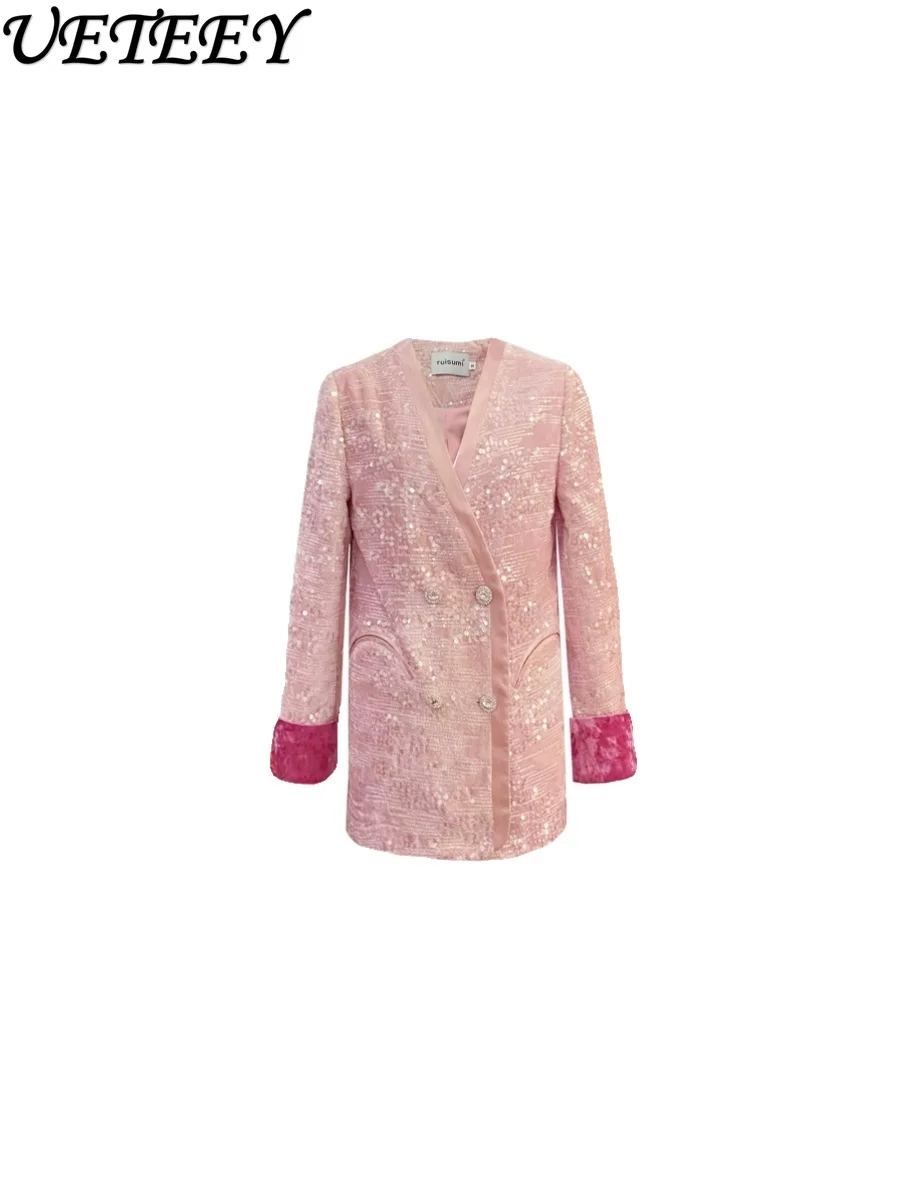 New Chinese Style Long-Sleeved Pink Suit Jacket Machine Embroidery Sequined Design Oriental Beauty Contrast Color Velvet Coat