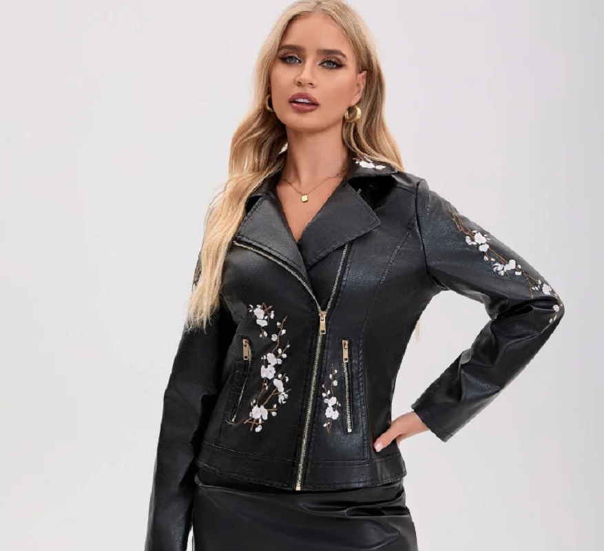 

Горячая распродажа: Весенне-осенняя корейская модная кожаная куртка высокого качества для женщин, с вышивкой цветов, длинными рукавами, в стиле мотоциклетной куртки