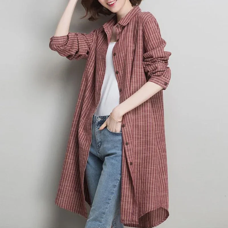 Spring New Striped Loose Cardigan Long Sleeve Polo Neck Plus Size All-match Mid Length Shirt Tops Vintage Casual Women Clothing