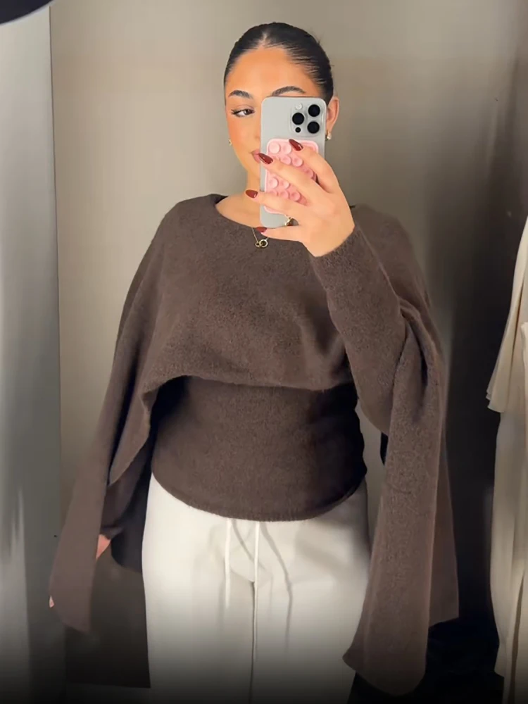 Elegant Women Cape Shawl Knit Sweater Chic Casual Boat Neck Long Sleeve Slim Pullover Female Autumn Trendy Daily Party Outfit
