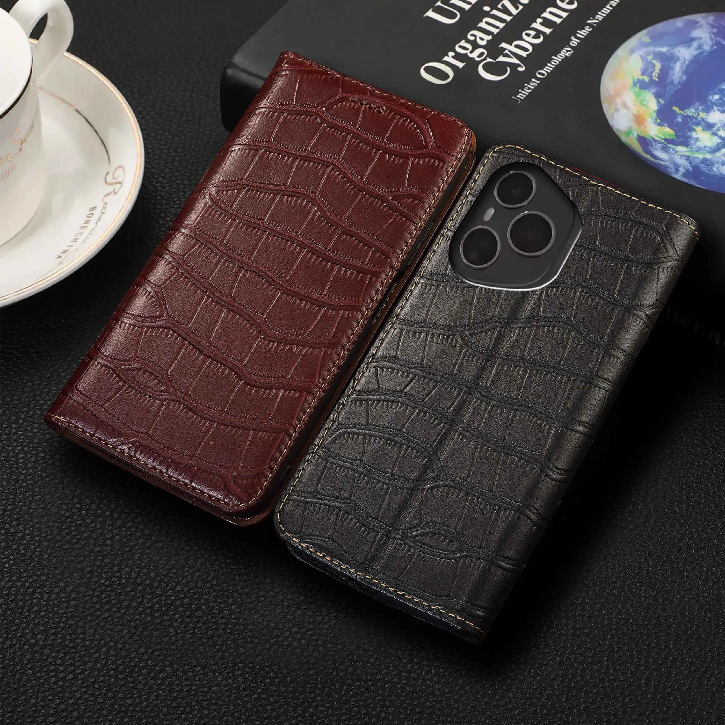 

For Honor 80 90 100 200 300 400 Pro Lite Ultra Smart SE GT Crocodile Belly Pattern Genuine Leather Flip Phone CoverCase Cowhide