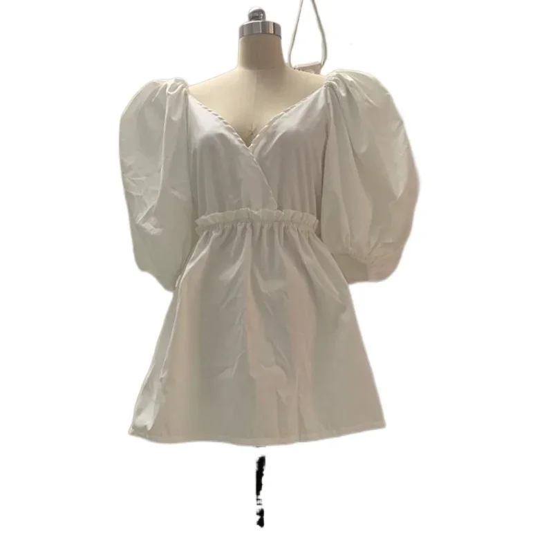 Female Elegant Blue White Sexy Deep V-Neck Dress Half Puff Sleeve Casual Mini Dress Summer 2023 Women A Line Vestidos Aesthetic