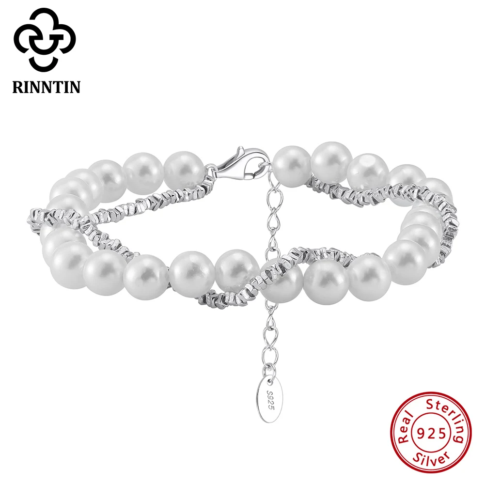 Rinntin Vintage Pearls Bracelet 925 Sterling Silver Layered Chain for Women Romantic Style Gifts Fashion Bracelet Jewelry PSB03