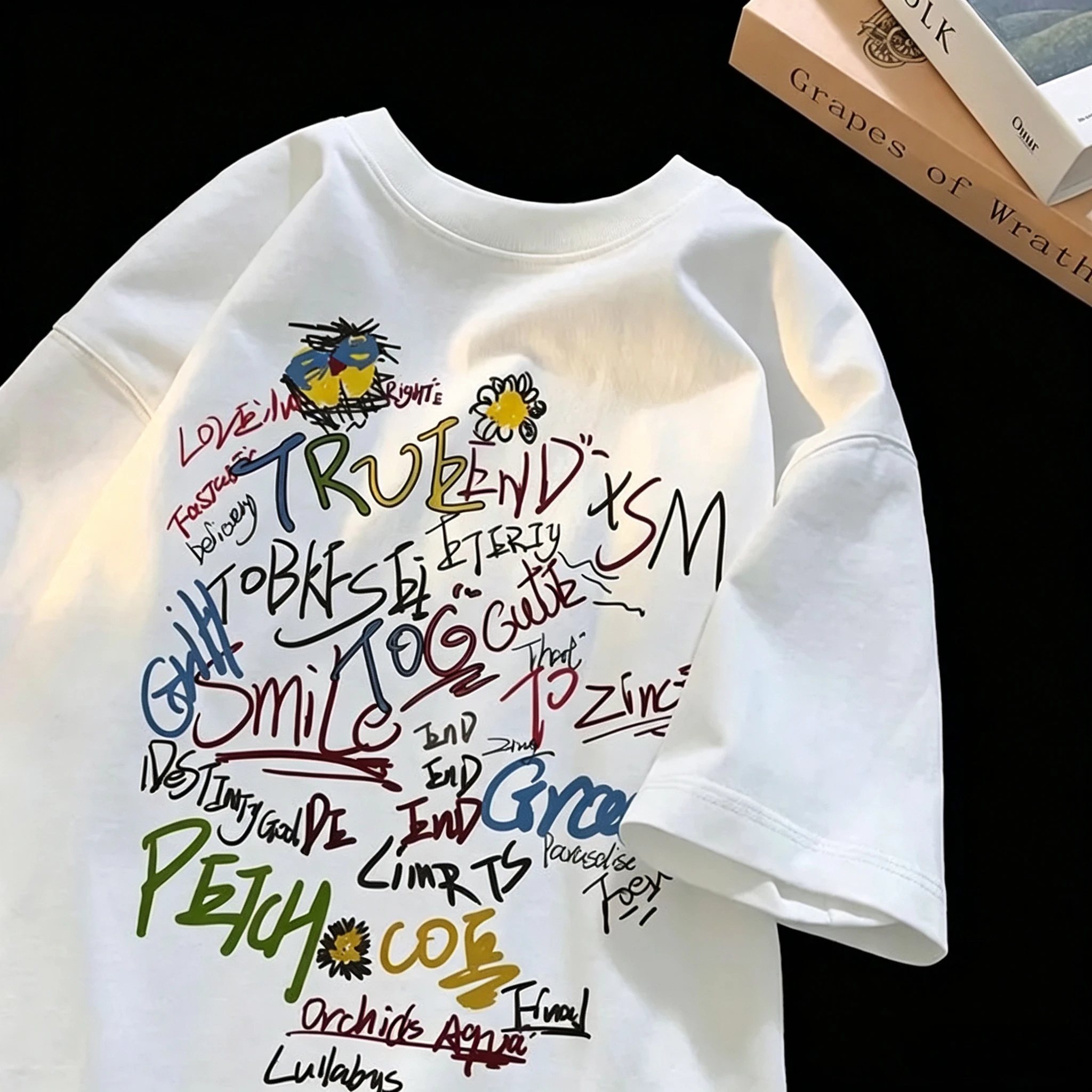 Vintage Street Graffiti Tee Mixed Color Hand Drawn Text Daisy Flower Sketch Ins Trendy Unisex Cotton Oversized Daily Tshirt