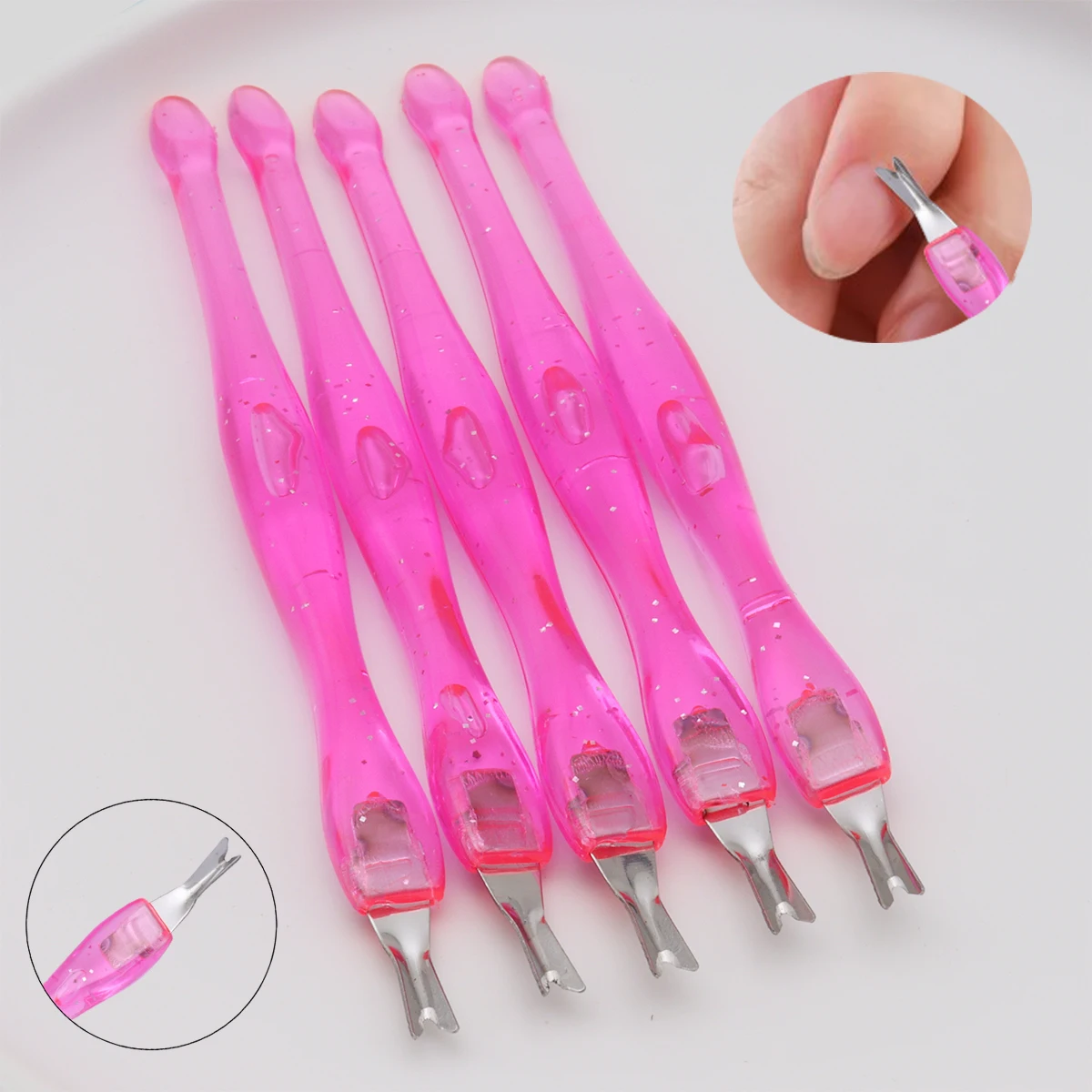 5Pcs Cosmetic Nail Art Tool Dead Skin Fork Trimmer Peeling Knife Cuticle Remover Salon Cuticle Pusher Pink Color