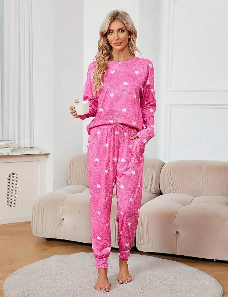 Womens Long Sleeve Heart Print Pajama Set With Pockets Lounge Sleepwear