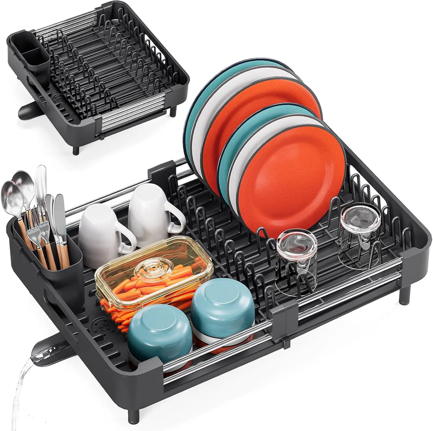 Black Expandable Dish Drying Rack, Integrated Dual Holders For Cutlery & Drinking Cups, Adjustable Width For Kitchen Counter Use