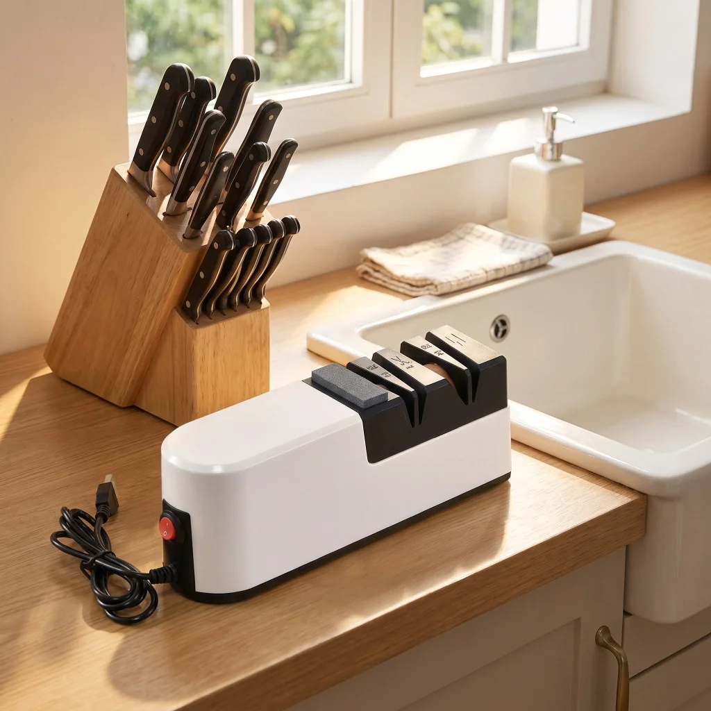 4 Slots USB Electric Knife Sharpener 5s Fast Sharpening 3 Speed Professional Blade Sharpener Non-Slip Base For Chef Knife Fruit Cleaver Scissors Home Kitchen Tool