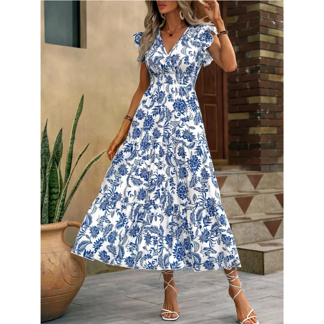 Floral Flower Printed Pattern Butterfly Sleeve Women V Neck Long Dress High Waist Sexy Dress