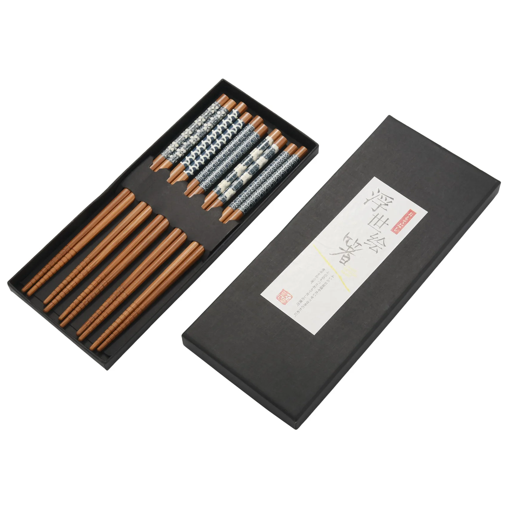 A1734Z~5 Pairs Natural Bamboo Chopsticks Reusable Classic Japanese Style Chop Sticks Gift Sets, Dishwasher Safe, 8.8 Inch