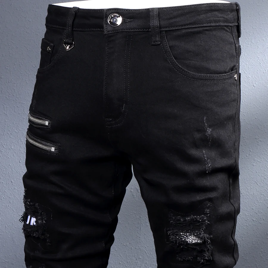 Jeans Hitam Mode Streetwear Celana Pensil Denim Punk Hip Hop Desainer Ritsleting Jeans Sobek Pas Badan Elastis Pria