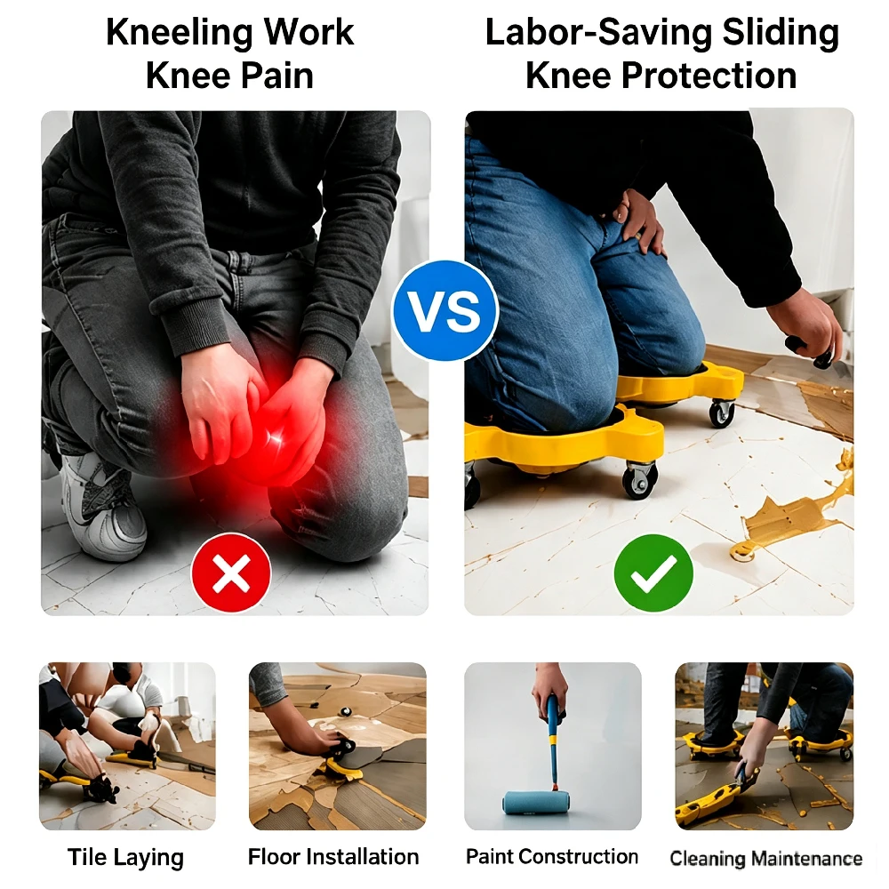 Stop Crawling! 1 Pair Knee Blades Let You Glide on Floors,Heavy-Duty Knee Pads & 3 Casters & EVA Cushions,360° Turn No Lifting