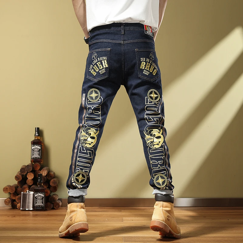 

Elegant Embroidered Original Color Men's Jeans Slim Straight Leg Design Spring Trendy Long Pants Comfortable Cotton Elastic F...