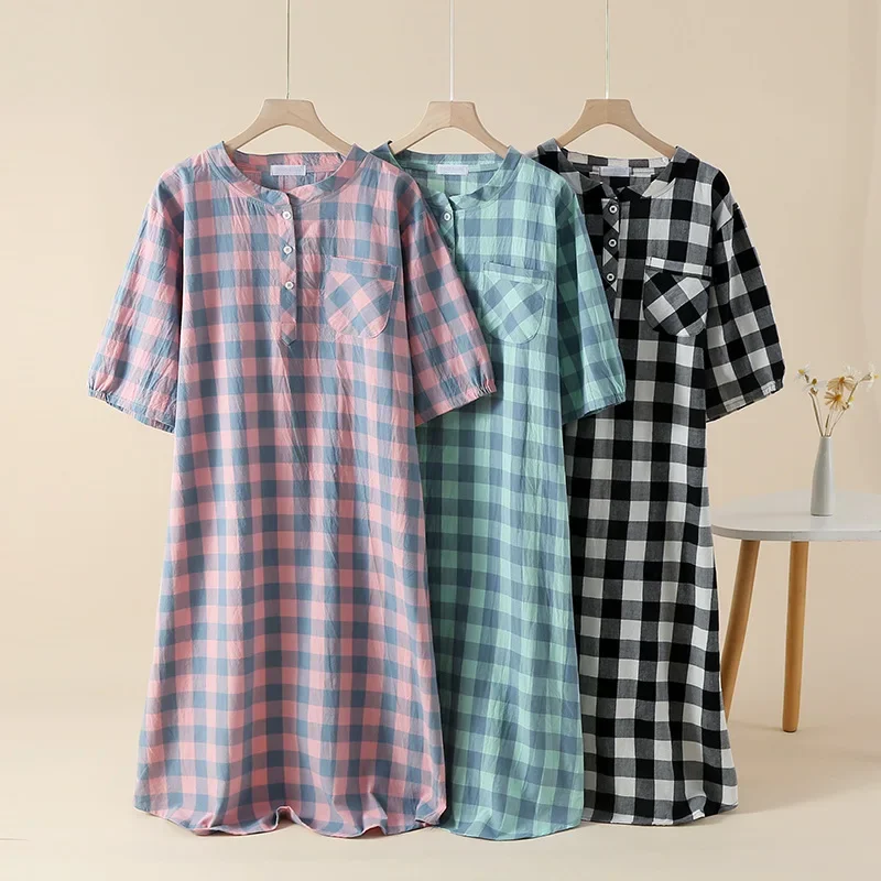 Combed Crepe Washed Cotton Plaid Short Sleeve Nightdress Summer Women Loose Home Dress Round Neck Pocket Sleepshirts
