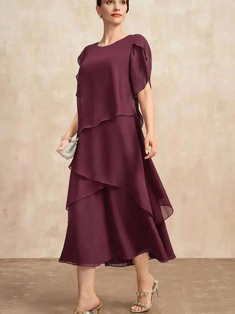 Abito da donna in chiffon manica corta elegante o-collo solido partito irregolare manica a petalo a strati moda estiva maxi abito KOT8