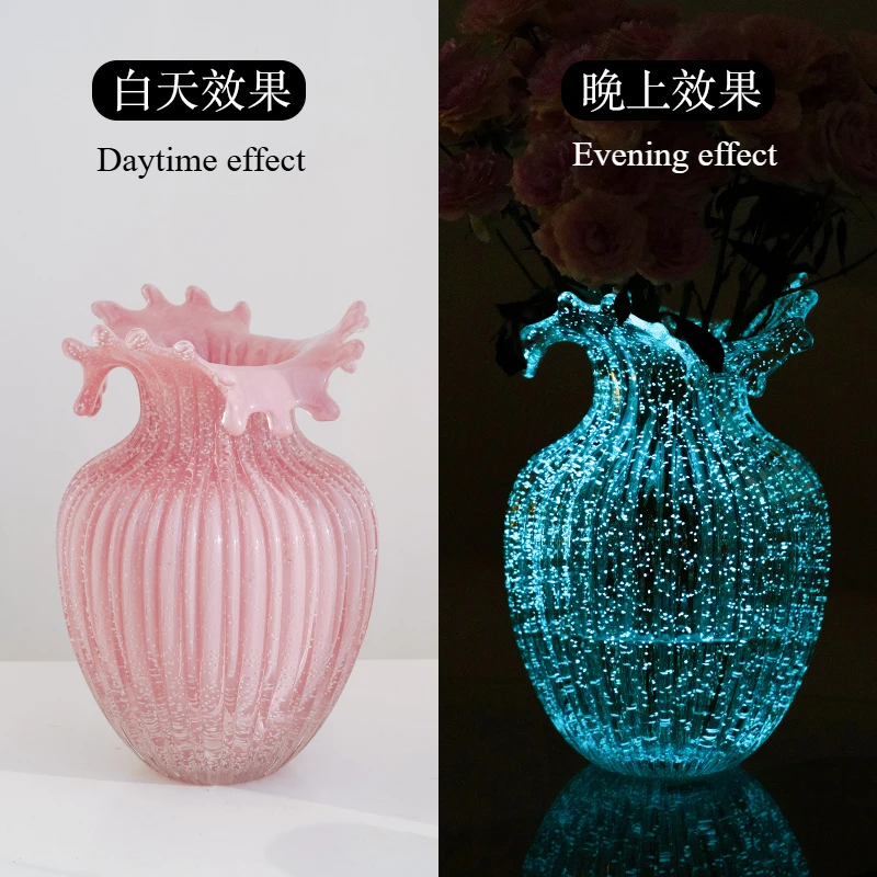 

Medieval luminous wave flower glazed vase ornament light luxury high sense living room desktop water raising flower arrangement
