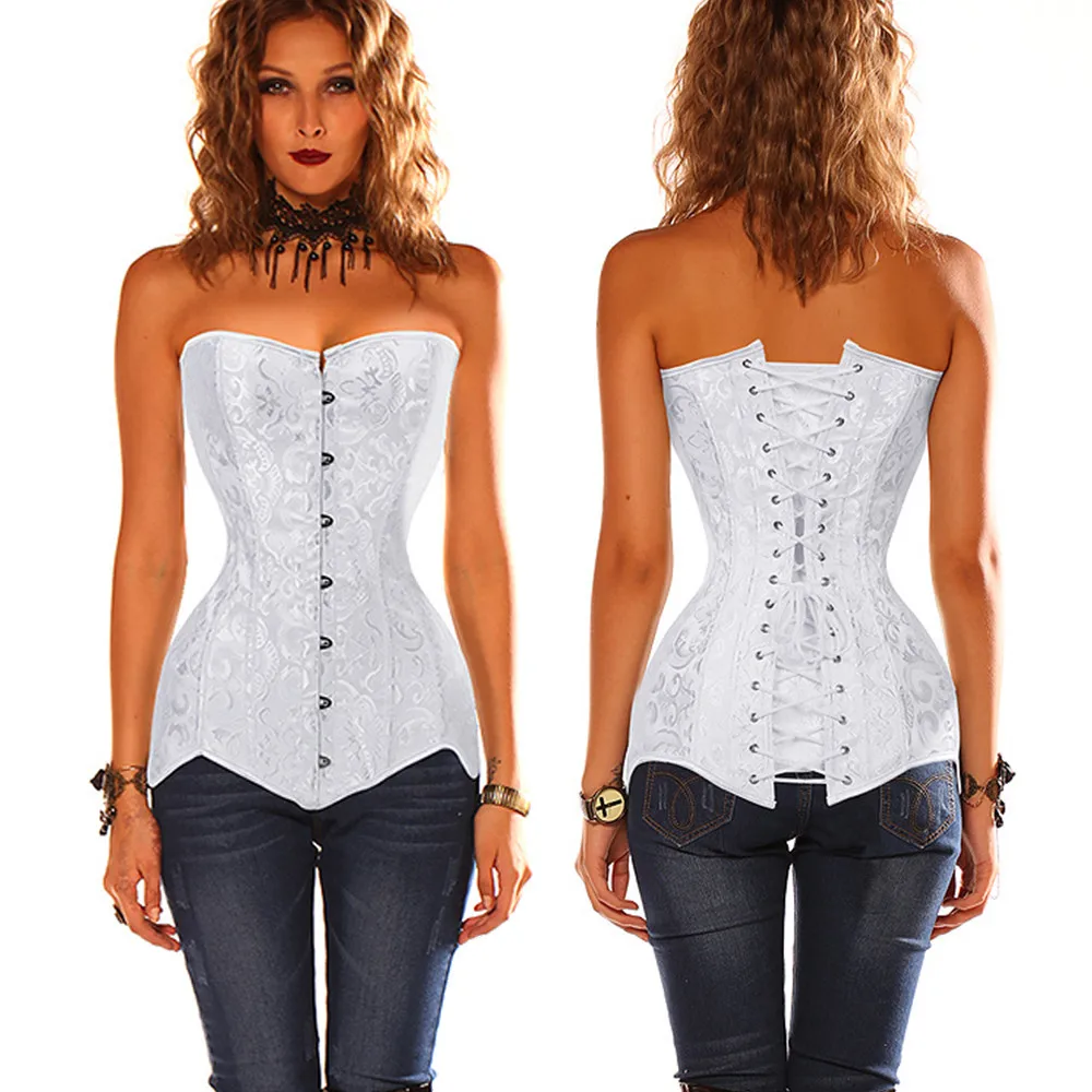 Women Sexy Corset Gothic Long Torso Corsets Satin Black Overbust Waist Training Bustier Shapewear Cincher Plus Size Corselet