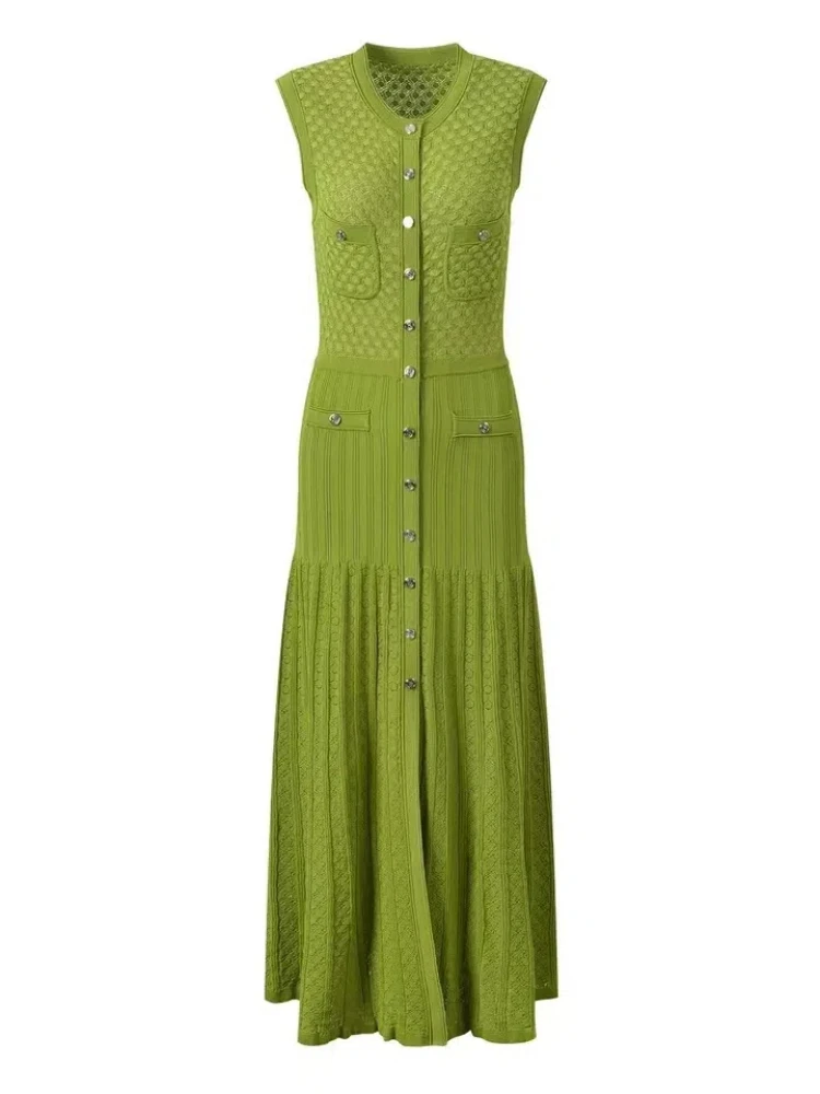 

Ladies Summer Black Sexy Sleeveless O-neck Single Breasted Knit Dress Women Green Elegant Slim Fashion Pleated Long Dresses