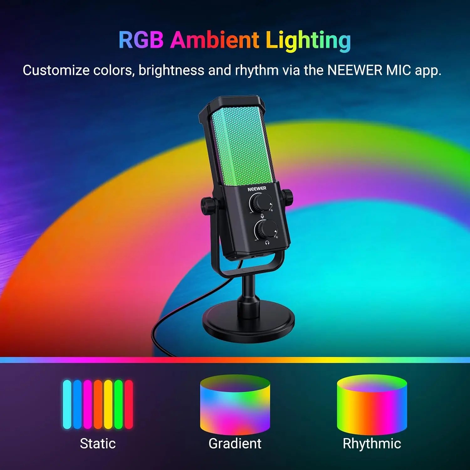 Microfone USB RGB para podcast com cancelamento de ruído inteligente NEEWER UM01 PRO, controlo por aplicação, compatível com iPhone, Android, PC, Windows, Mac, PS4 e PS5.