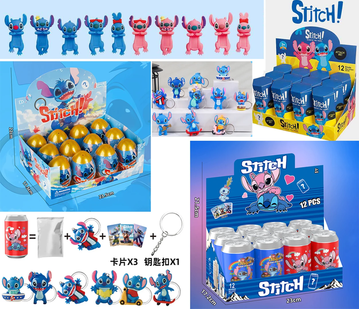 

12pcs Trendy Stitch Figure Stickers Eggs Blind Box Cartoon Figurine Keychain Hanging Style Key Chain Mystery Box Toy Gift