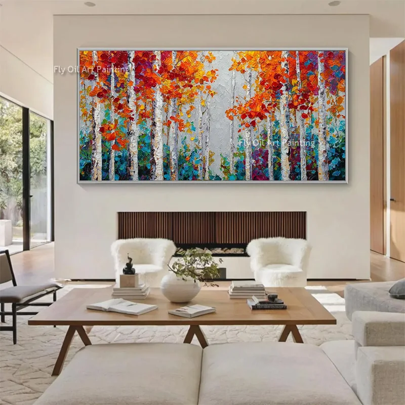 Autumn Season Landscape Modern Handmade New Popular White Red Brich Forest View Oil Painting Large Tree Wall Art Decor