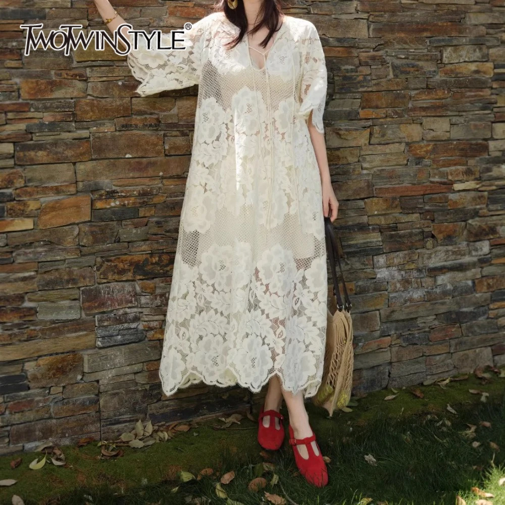 

TWOTWINSTYLE Solid Spliced Embroidery Elegant Dresses for Women V Neck Half Sleeves Sheer Patchwork Lace Sexy Dress Female New