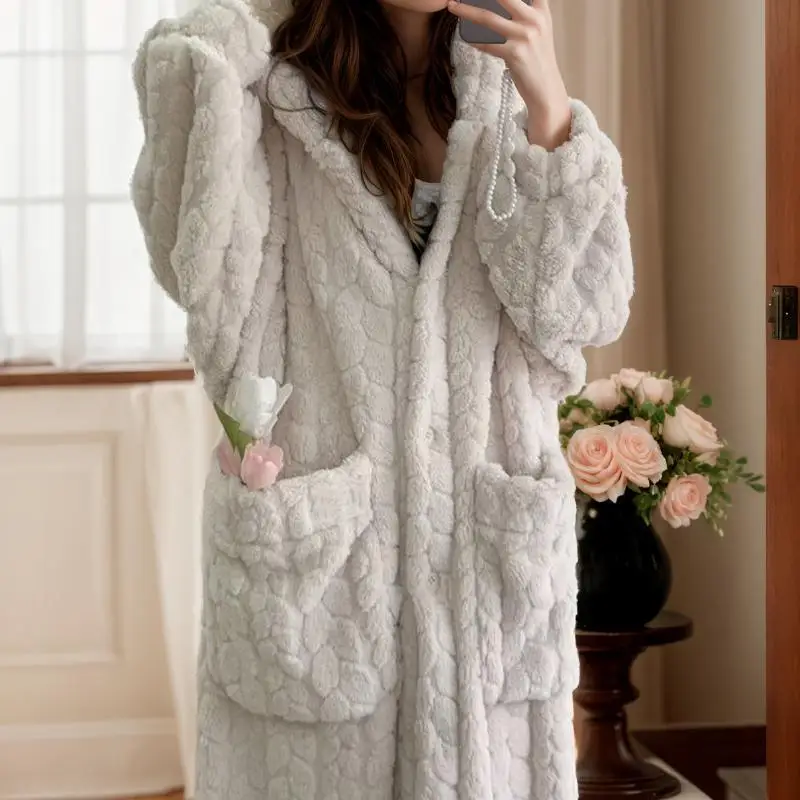 Women's Soft Coral Fleece Hooded Robe Warm Cozy Lounge Bathrobe Couple's Autumn Spring Home Comfortable Sleepwear