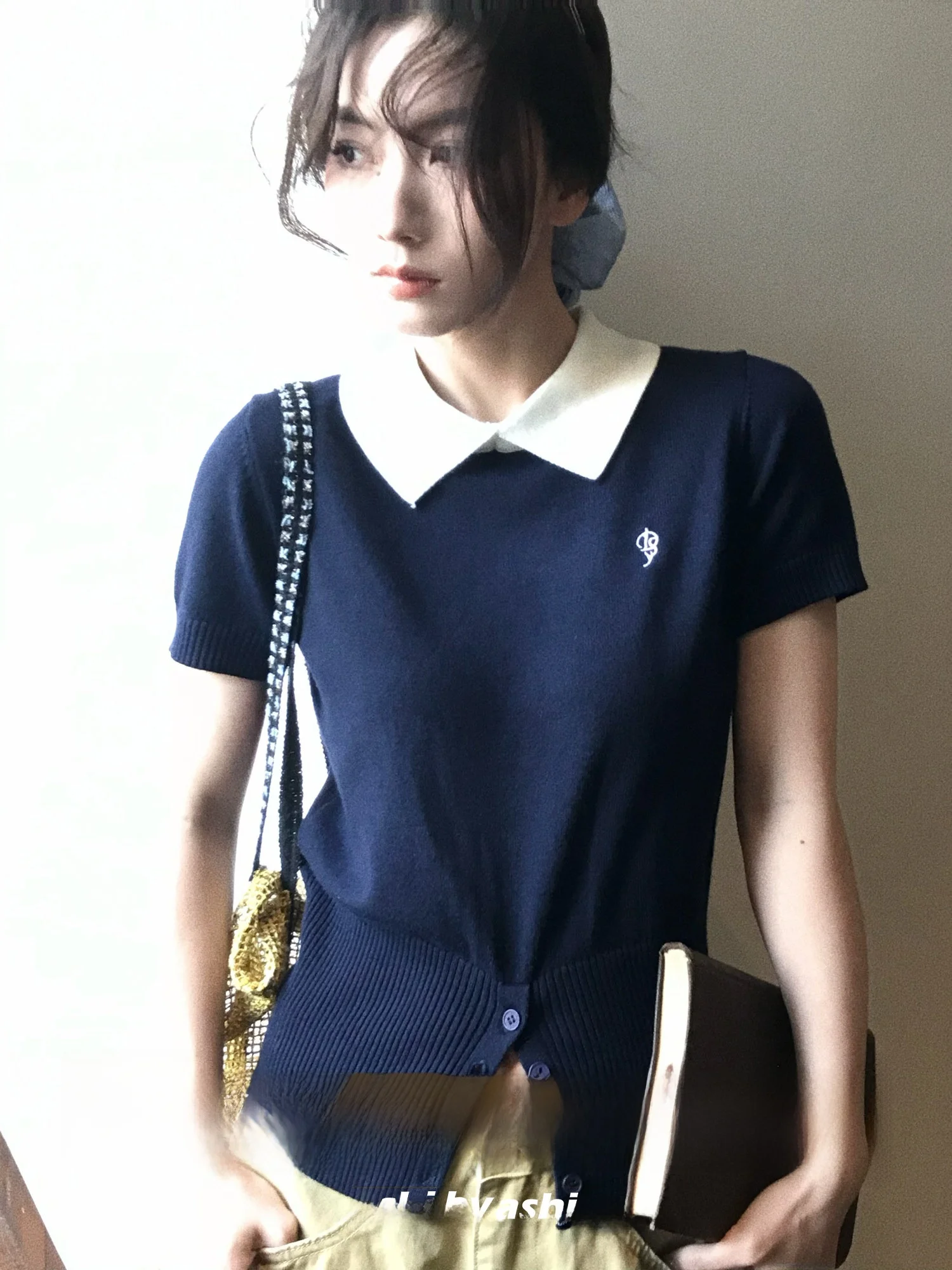 

Women's Short Sleeve Knitted Top Color Block Waist Cinched 6 Wool Blend Casual Summer T-Shirt Fashionable Breathable