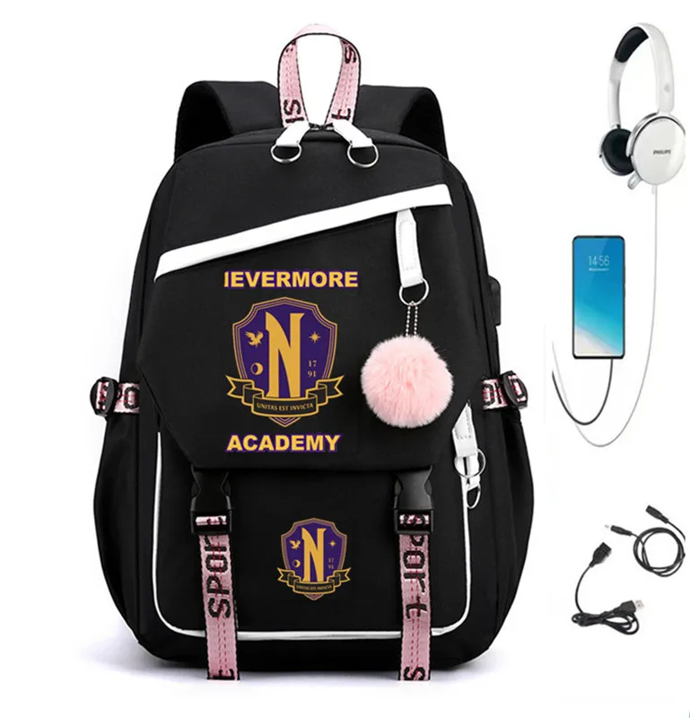 

Wednesday TV Series Academy USB Port Backpack Nylon School Book Student Travel Bags Laptop Casual Large Messenger