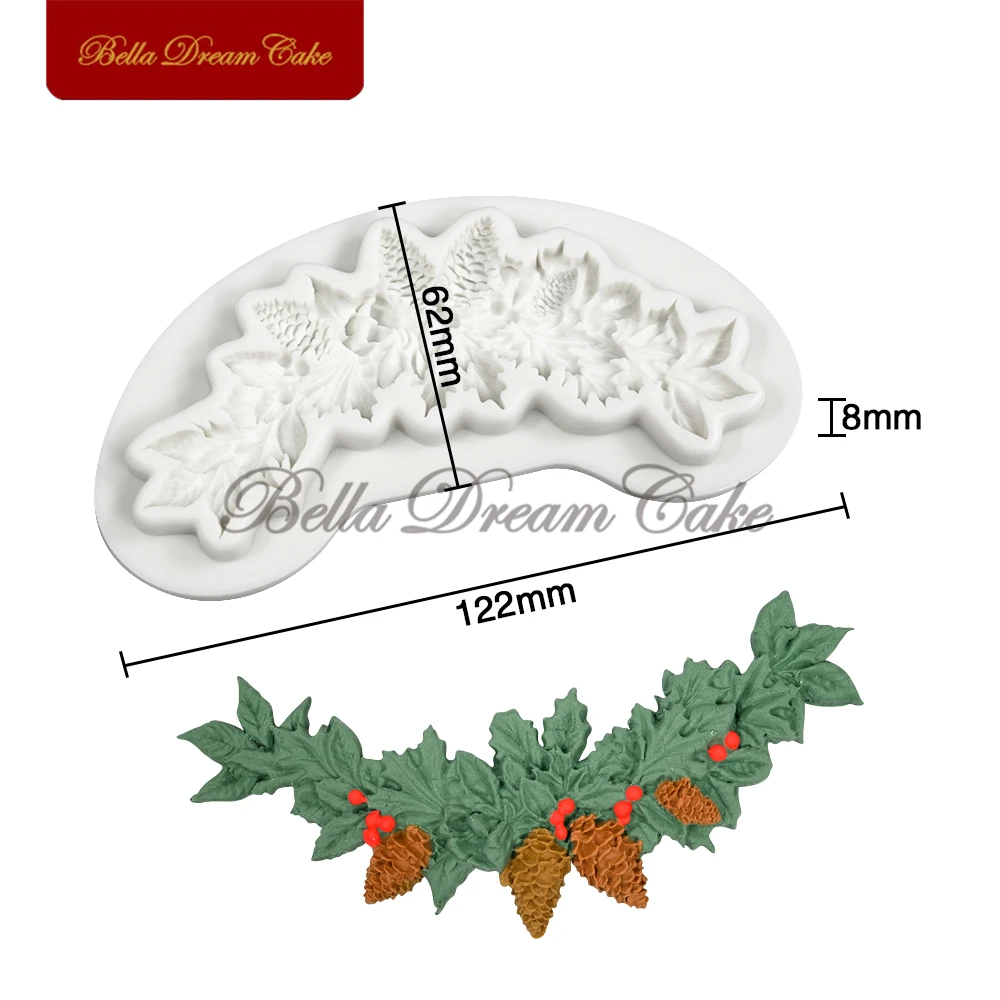 3D Christmas Reindeer/Pine Nut Leaf Wreath Silicone Mold Fondant Chocolate Mould DIY Clay Model Cake Decorating Tools Bakeware