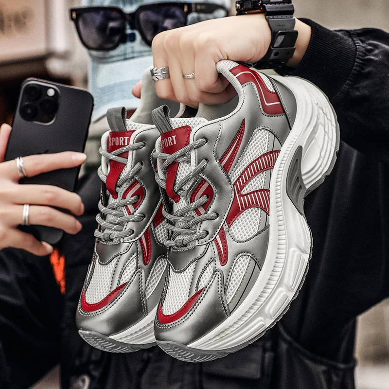 

New Spring Autumn Men's Trendy All-match Casual Shoes, Thick Sole Breathable Mesh Non-slip Wear-resistant Sports Dad Sneakers