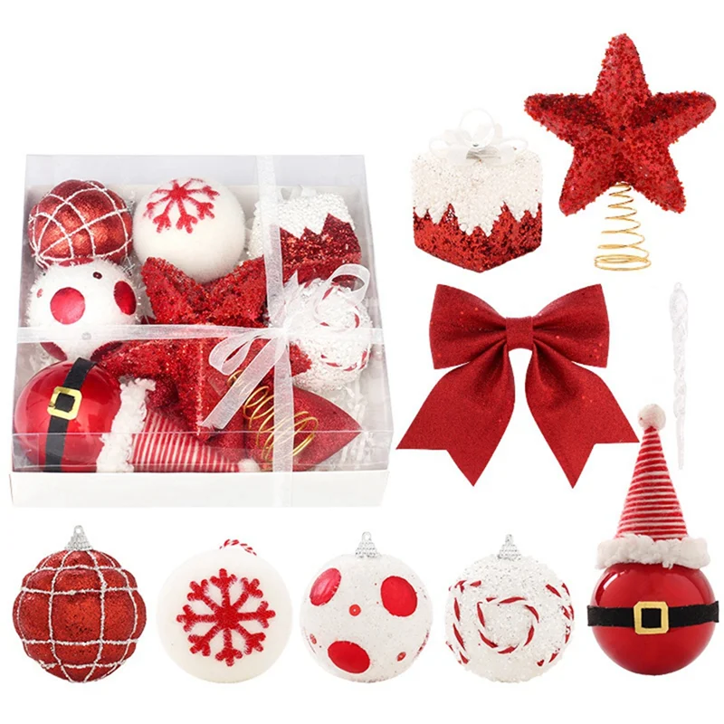 

1Set Christmas Tree Hanging Ball Santa Theme Christmas Ball Set +Christmas Tree-Topper Star