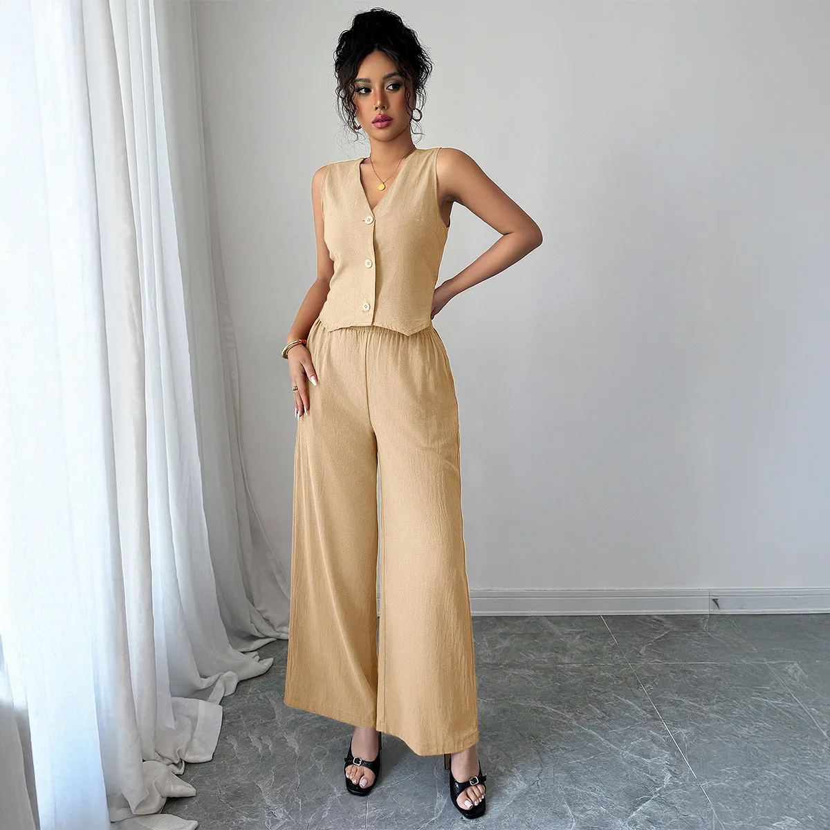 

Pant Set Women Two Piece Sets V Neck Sleevelss Vest Tops Solid Wide Leg Long Pants High Waist Y2k Streetwear Elegant Splice