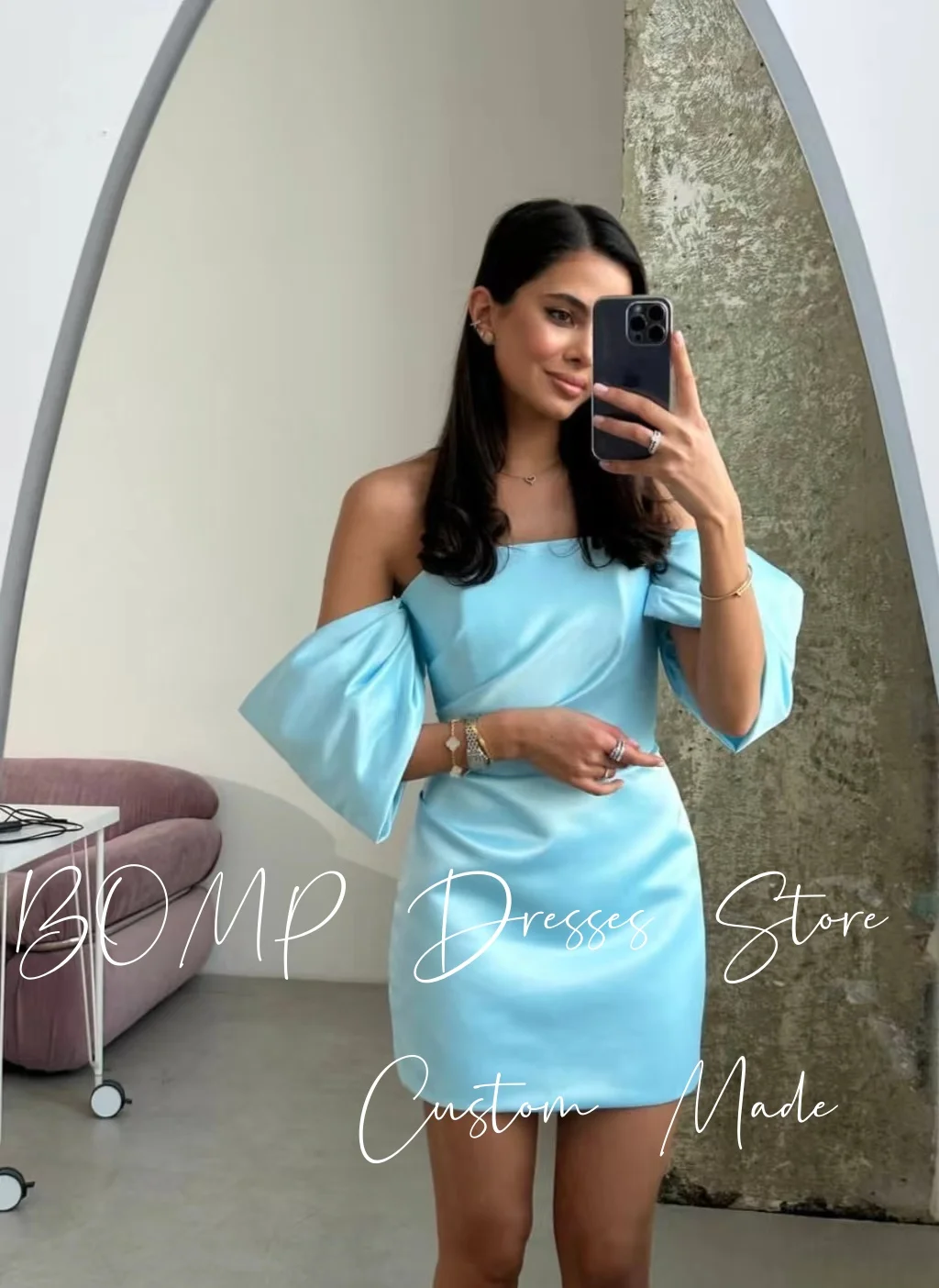 BOMP Einfaches, bonbonblaues Partykleid, schulterfrei, kurze Faltenärmel, Cocktailkleider für besondere Anlässe, maßgeschneidert, Saudi-Arabien