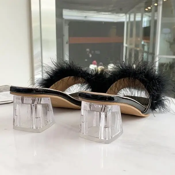 2023 New Woman Shoes Transparent Crystal High Heels Woman Feather Fur Slippers Pumps Women Peep Toe Lady Cute Plush Slippers