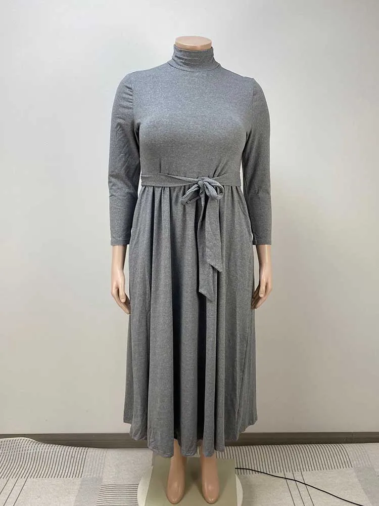 Herfstjurk Plus Size Vrouwen Elegent Effen Jurk Lange Mouwen Midden-Turtlneck Dames Jurk Eenvoudige Lange Groothandel Dropshipping