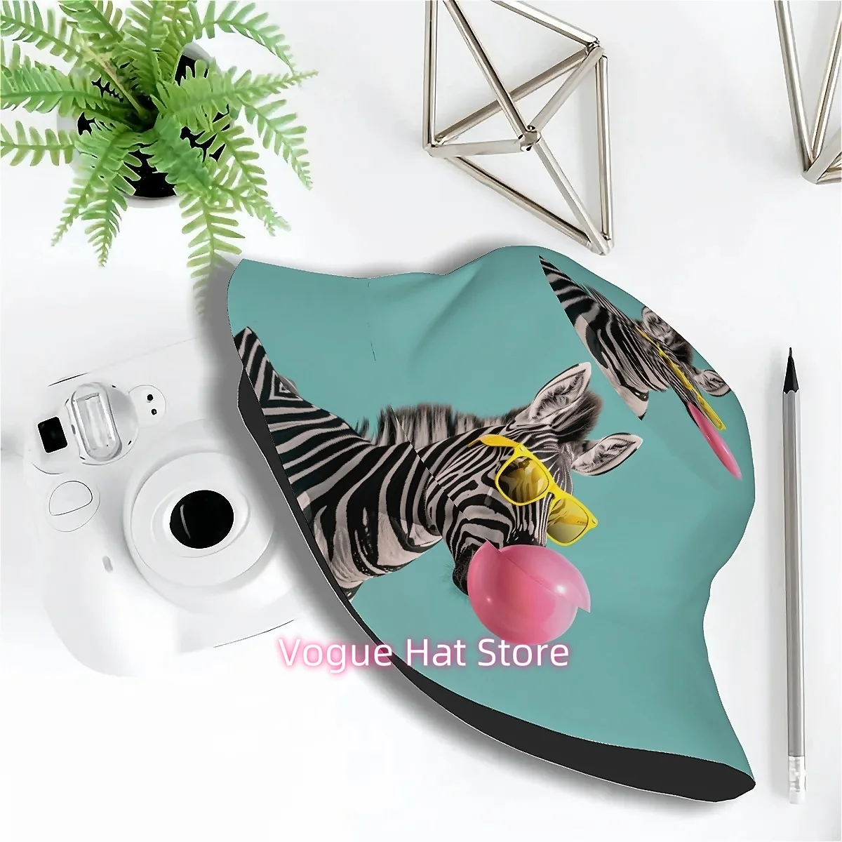 1pc Stylish Zebra Print Bubble Gum Chewing Unisex All-Over Print Casual Fashion Fisherman Hat, Perfect for Outdoor Vacations And
