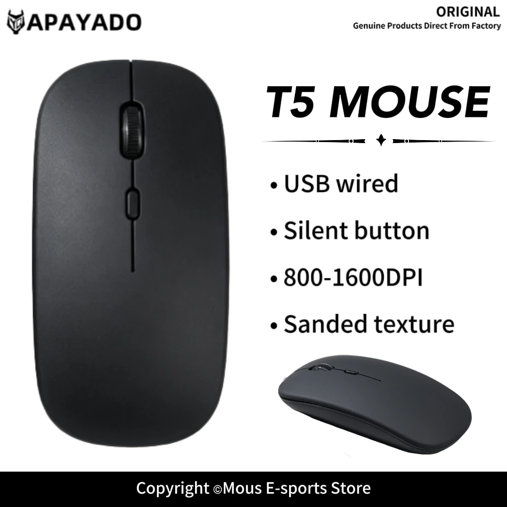 T5 Wired Computer Mouse 800-1600 DPI Adjustable APAYADO Silent Click Compatible with Laptop PC