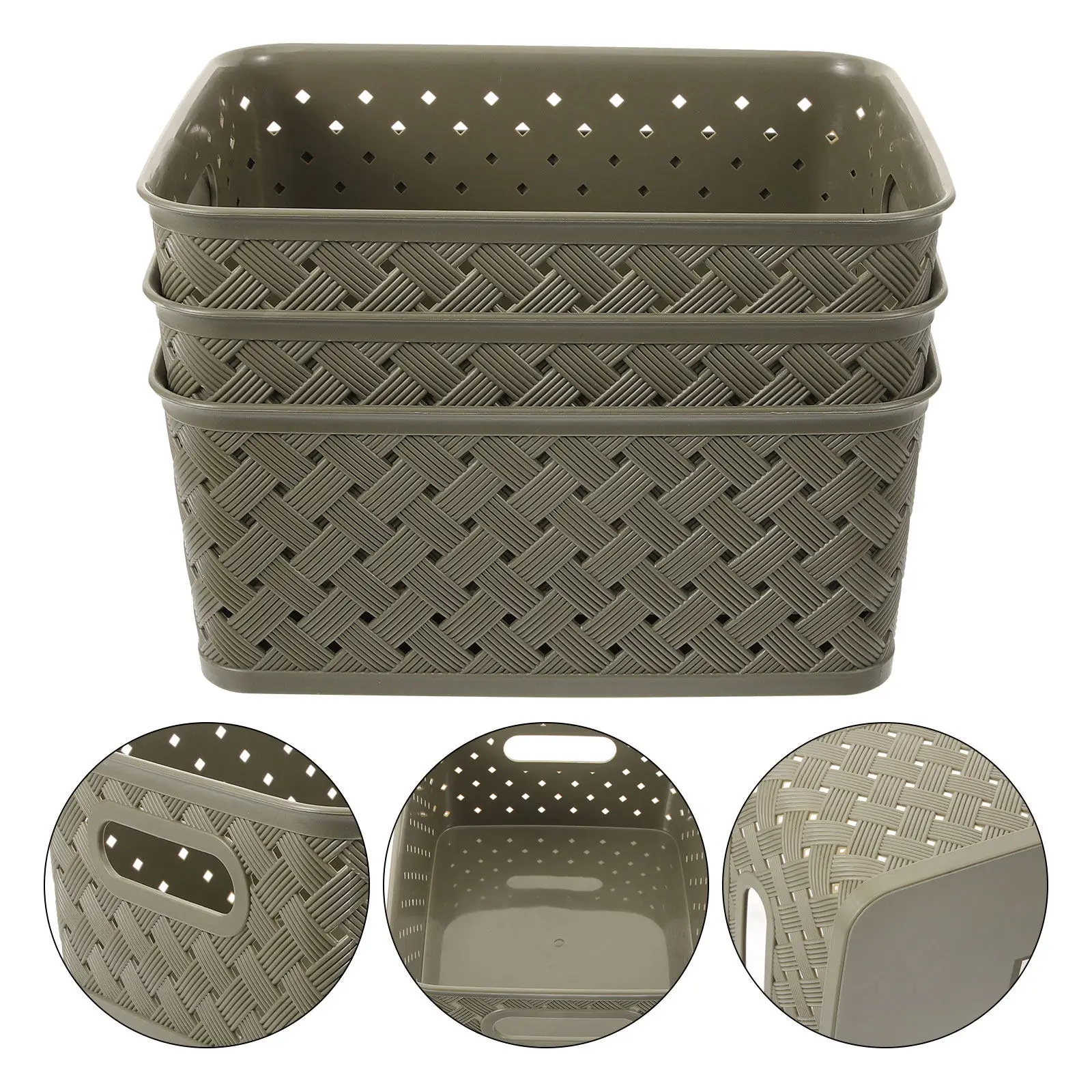 

3Pcs Woven Storage Basket with Handle Reusable Plastic Desktop Organizer for Sundries Snack Stationery Living Room