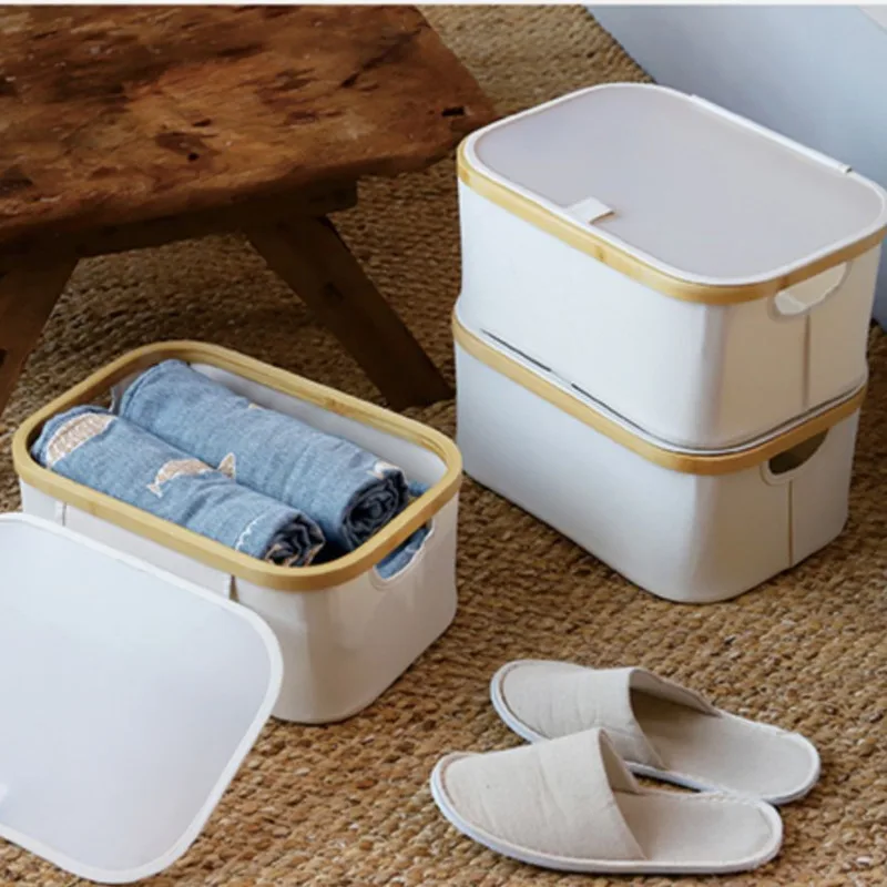 Japanese Fabric Storage Case with Dust Cover, Laundry Basket, Bamboo Edge, Sealing Organizer Box, Simple Folding, Storing Toys