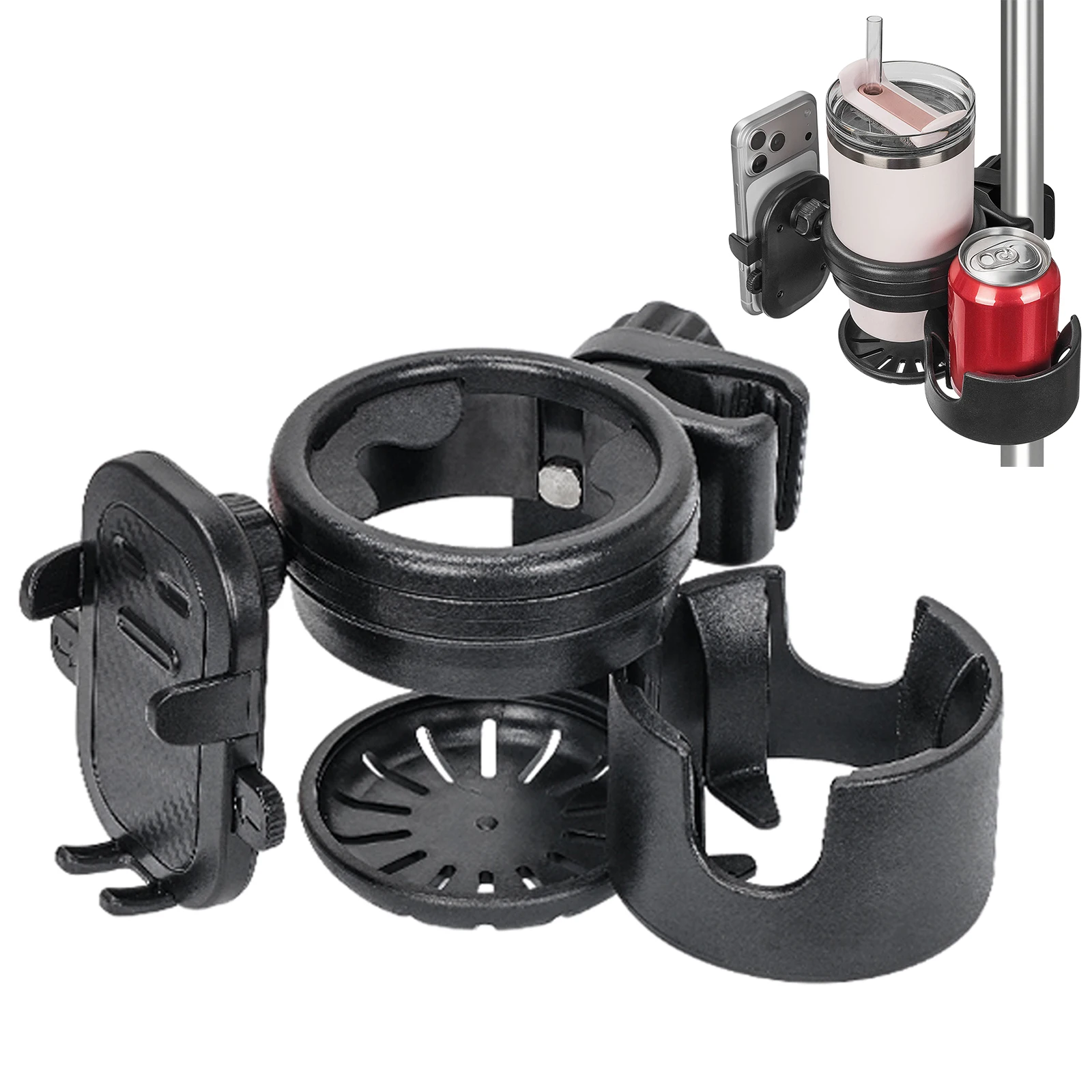Boat Rail Cup Holder 2 in 1 No-Drill Clamp-On Marine Cup Holders with Phone Clamps 360° Adjustable For Pontoon Grab Bar Yacht