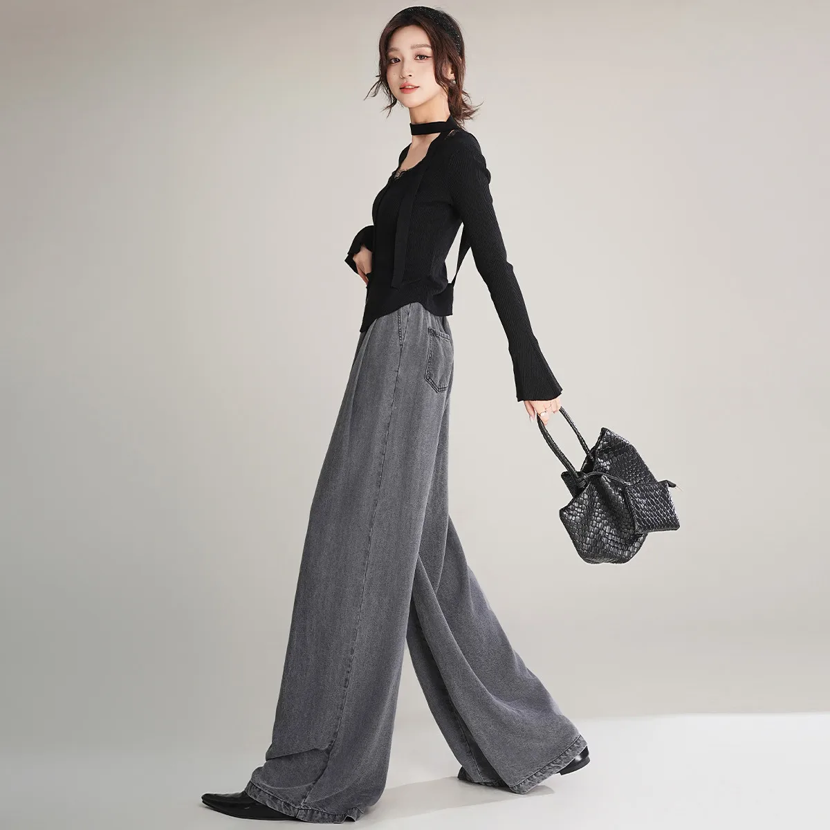 LOUIS YAO New High Waist Loose Wide Leg Pants 2025 Autumn Lyocell Women's Jeans Fabric Casual Elastic Waist Long Pants 